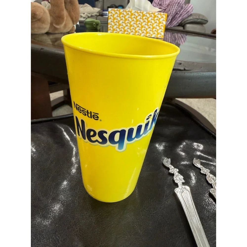 Vintage Nestle Nesquik Yellow Plastic Cup and 2 Bunny Metal Spoons Set Promo‎
